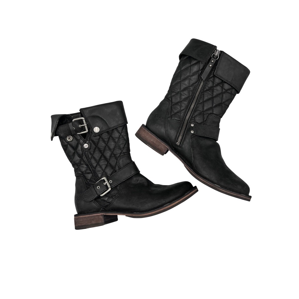 UGG Leather Boots‎ Womens 6 Black Excellent Quilted Moto Mid Calf Buckle 1005264